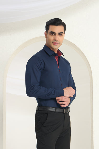 Men’s Navy Blue Linen Shirt with Contrast Inner Collar & Cuff Detailing | INDYSLAY