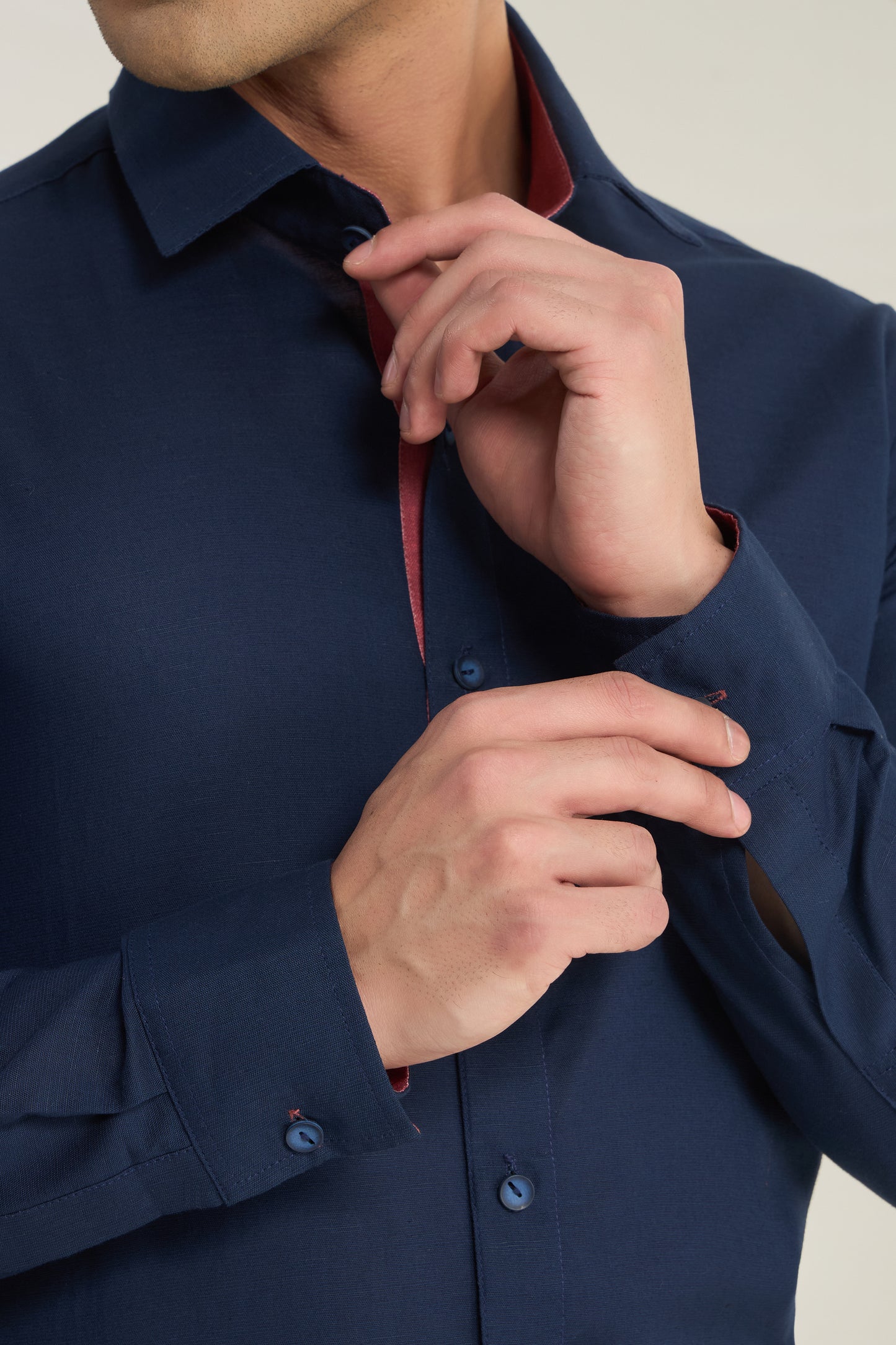 Men’s Navy Blue Linen Shirt with Contrast Inner Collar & Cuff Detailing | INDYSLAY