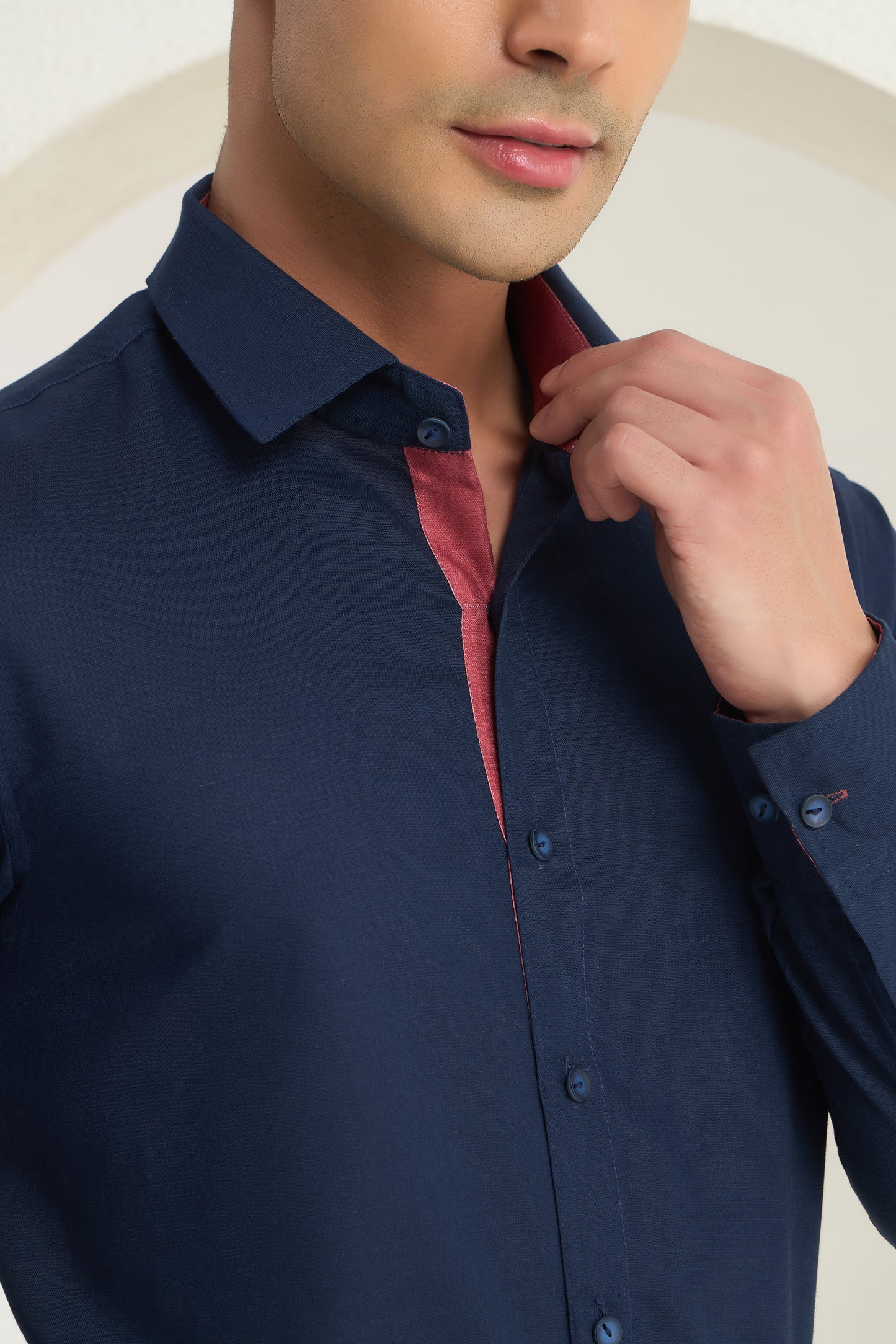 Men’s Navy Blue Linen Shirt with Contrast Inner Collar & Cuff Detailing | INDYSLAY