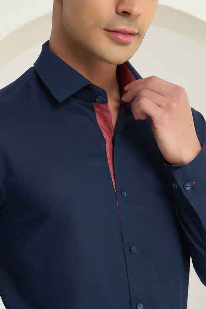 Men’s Navy Blue Linen Shirt with Contrast Inner Collar & Cuff Detailing | INDYSLAY