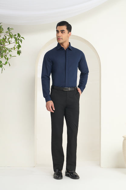 Navy Blue Linen Shirt for Men with Minimal Cuff, Collar and Placket Detailing | INDYSLAY