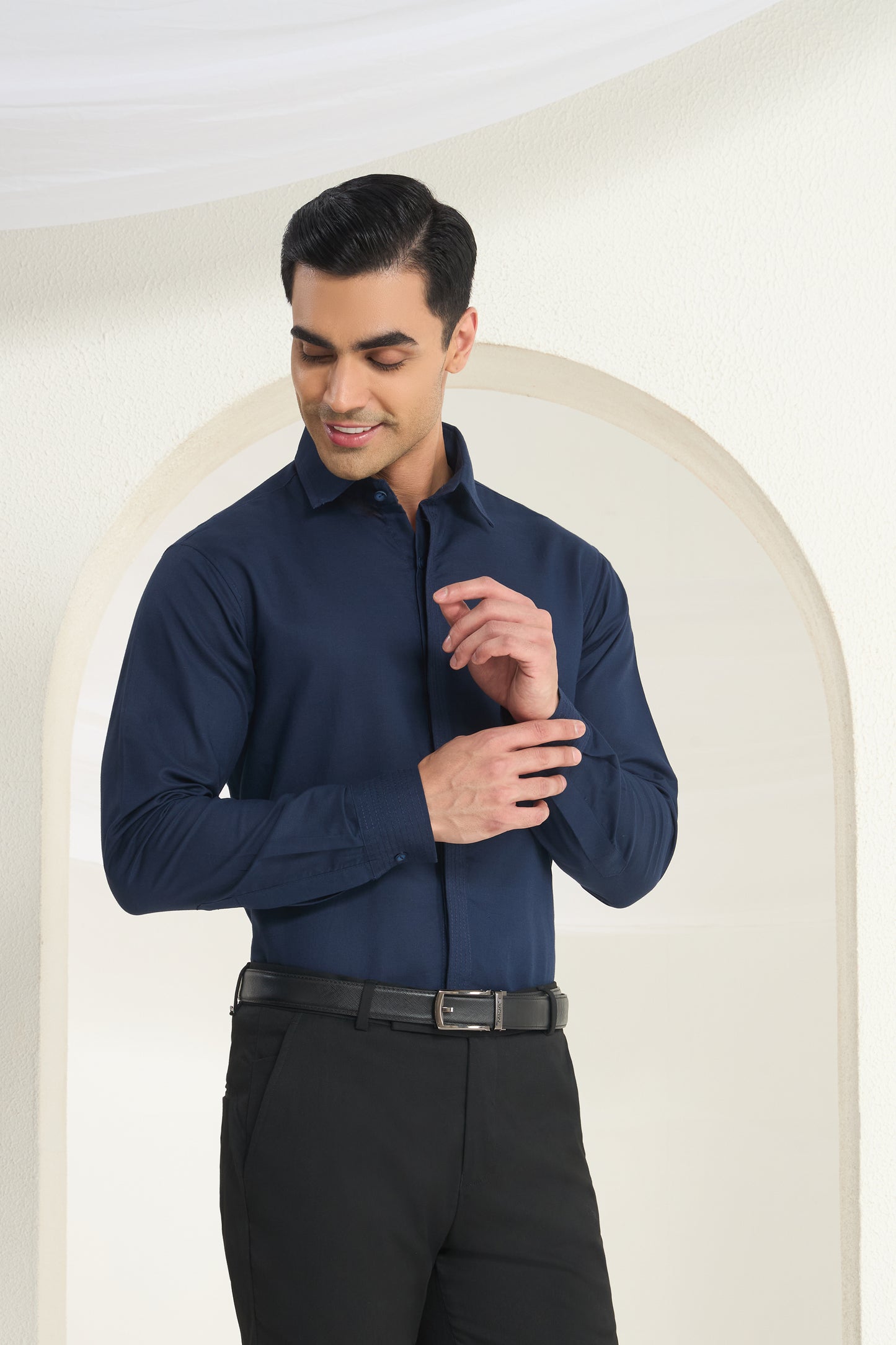 Navy Blue Linen Shirt for Men with Minimal Cuff, Collar and Placket Detailing | INDYSLAY