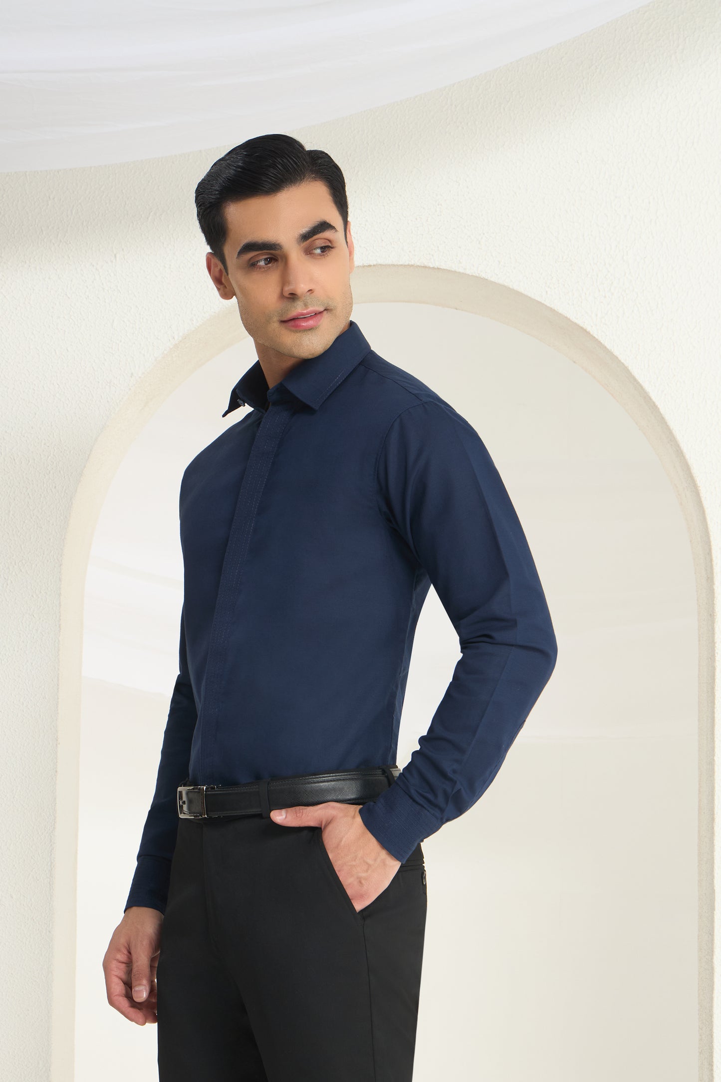 Navy Blue Linen Shirt for Men with Minimal Cuff, Collar and Placket Detailing | INDYSLAY
