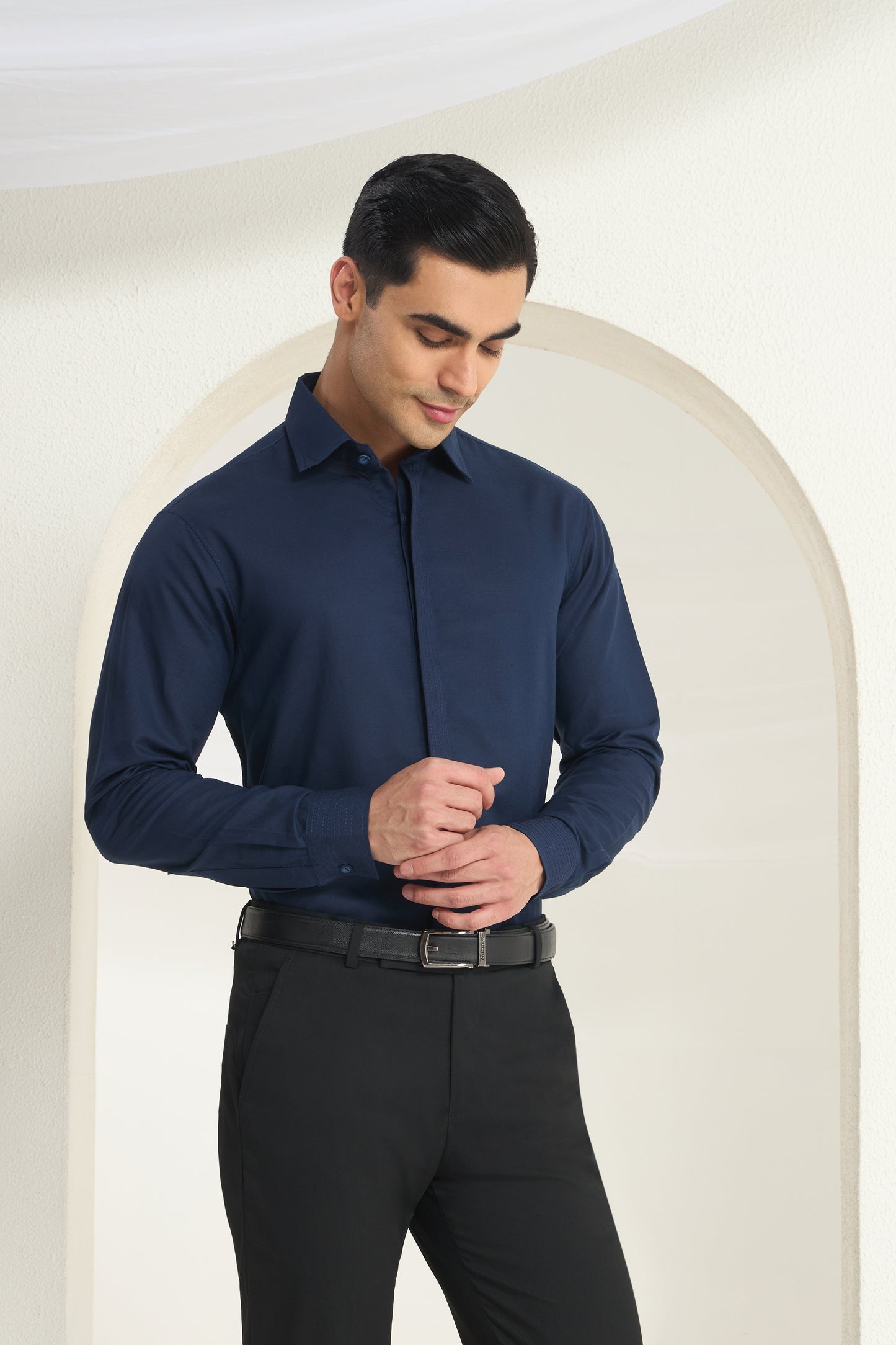 Navy Blue Linen Shirt for Men with Minimal Cuff, Collar and Placket Detailing | INDYSLAY