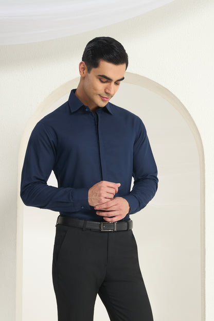 Navy Blue Linen Shirt for Men with Minimal Cuff, Collar and Placket Detailing | INDYSLAY