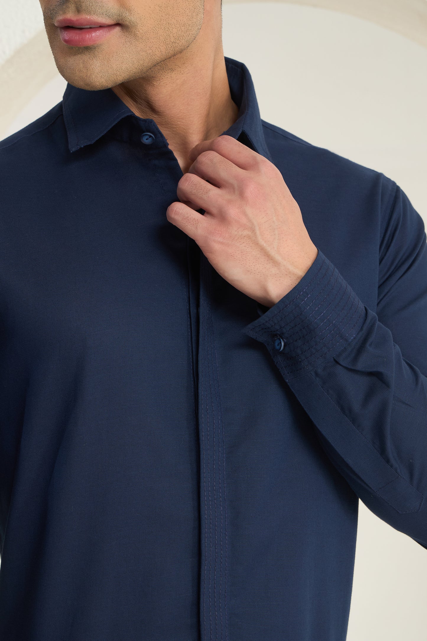 Navy Blue Linen Shirt for Men with Minimal Cuff, Collar and Placket Detailing | INDYSLAY