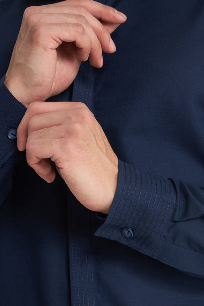 Navy Blue Linen Shirt for Men with Minimal Cuff, Collar and Placket Detailing | INDYSLAY