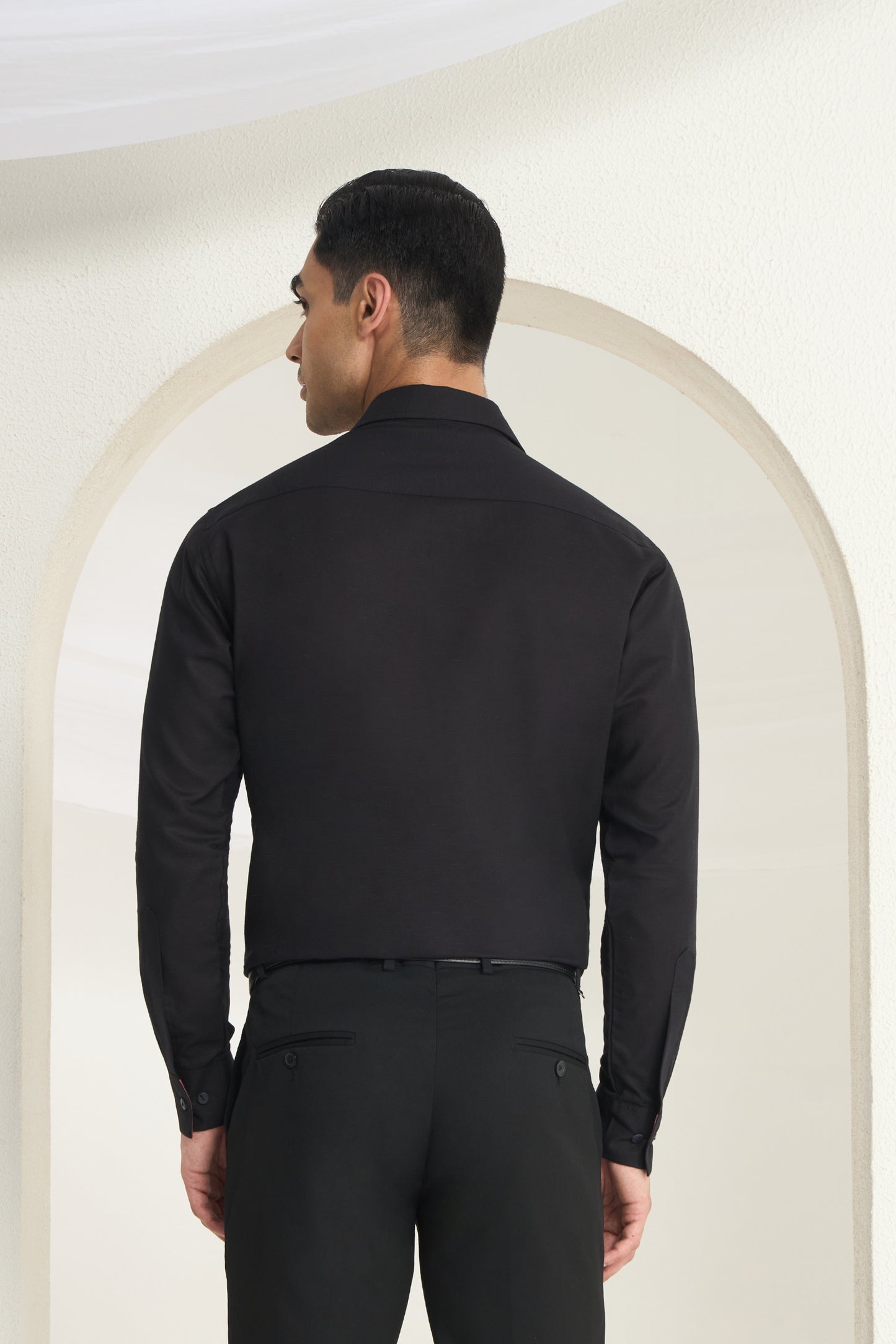 Black Linen Formal Shirt for Men with Wine Contrast Collar Detailing | INDYSLAY