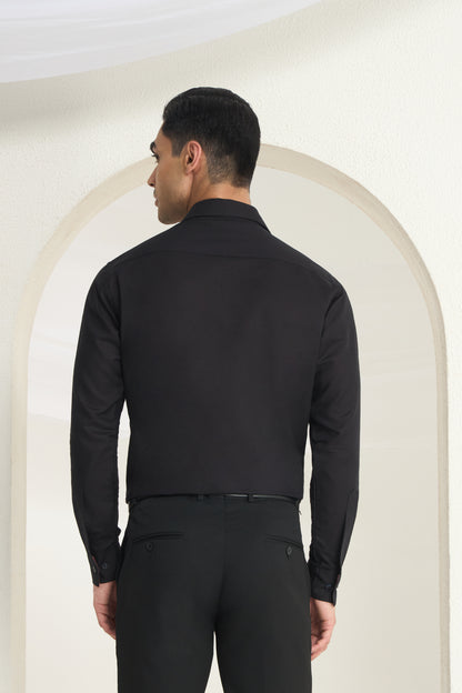 Black Linen Formal Shirt for Men with Wine Contrast Collar Detailing | INDYSLAY