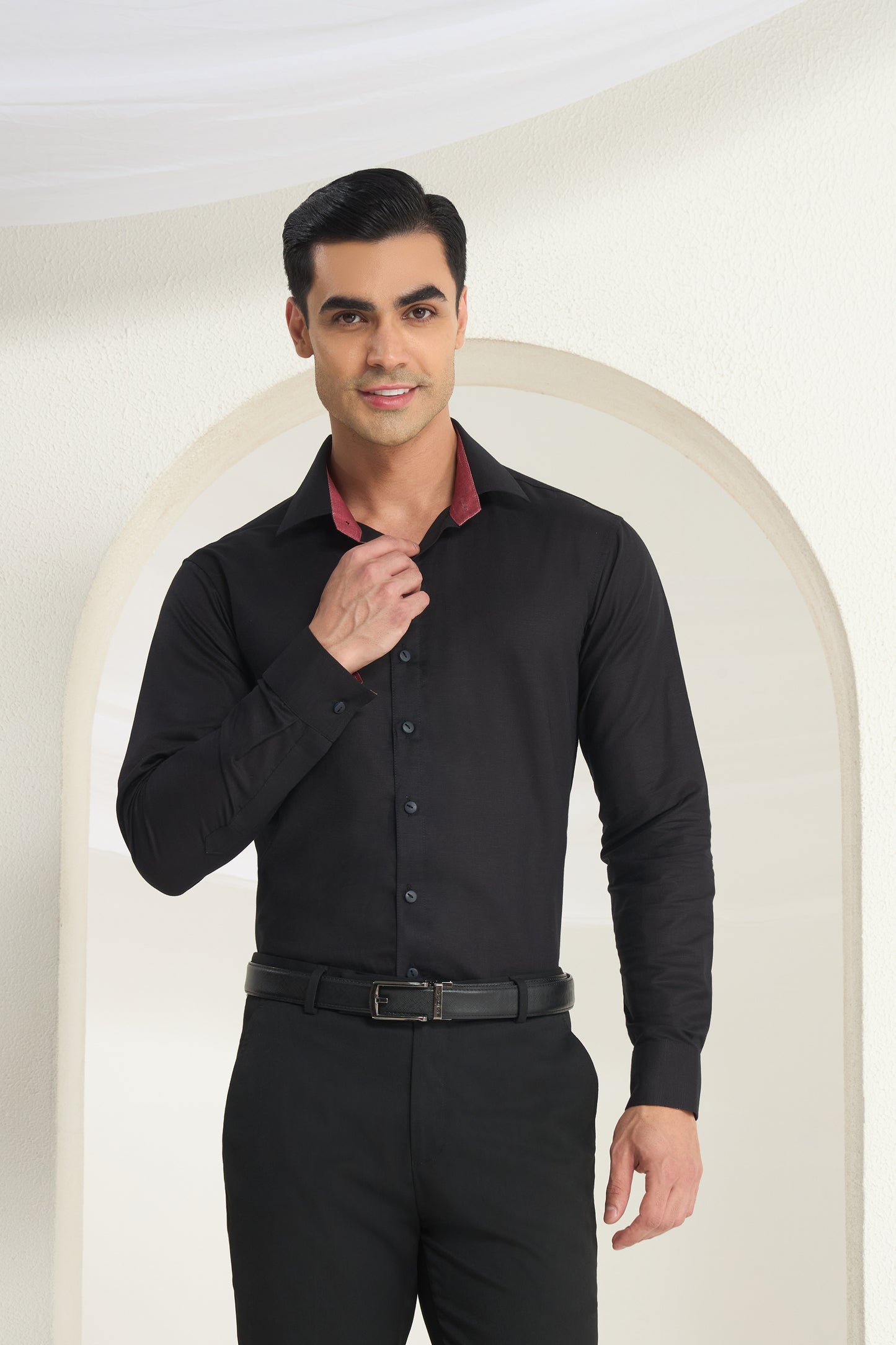 Black Linen Formal Shirt for Men with Wine Contrast Collar Detailing | INDYSLAY