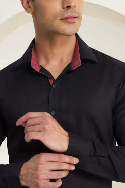 Black Linen Formal Shirt for Men with Wine Contrast Collar Detailing | INDYSLAY
