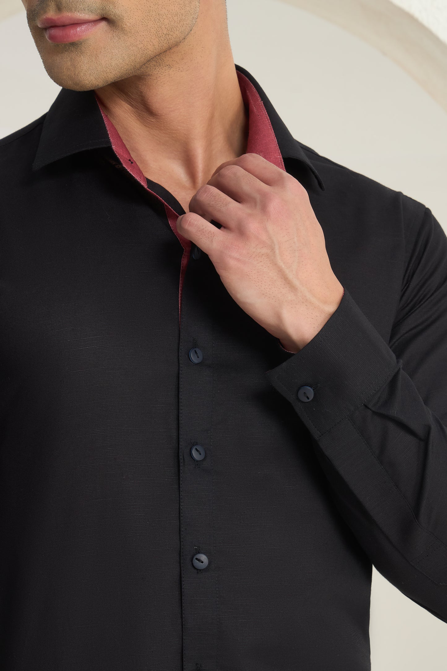Black Linen Formal Shirt for Men with Wine Contrast Collar Detailing | INDYSLAY