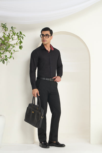 Black Linen Formal Shirt for Men with Wine Contrast Collar Detailing | INDYSLAY