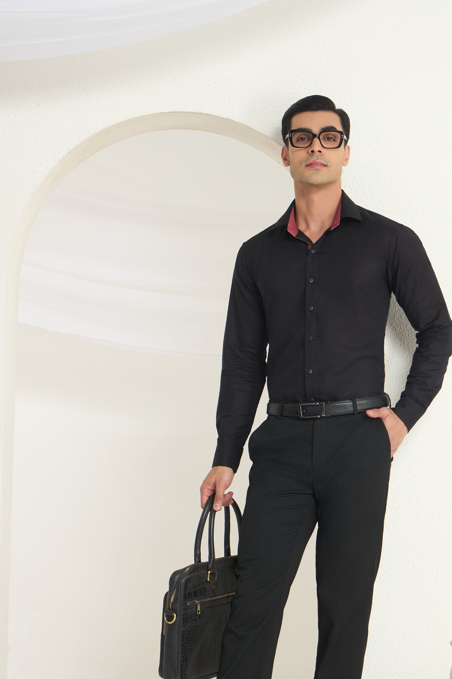 Black Linen Formal Shirt for Men with Wine Contrast Collar Detailing | INDYSLAY