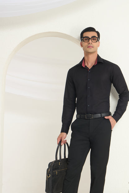 Black Linen Formal Shirt for Men with Wine Contrast Collar Detailing | INDYSLAY
