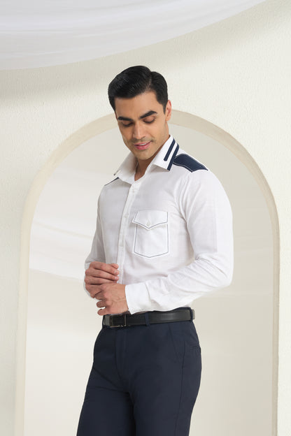 White Linen Shirt for Men with Navy Shoulder and Collar Detailing | INDYSLAY