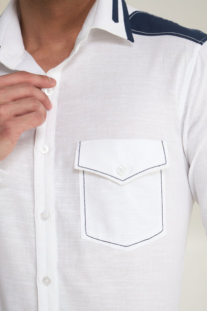 White Linen Shirt for Men with Navy Shoulder and Collar Detailing | INDYSLAY