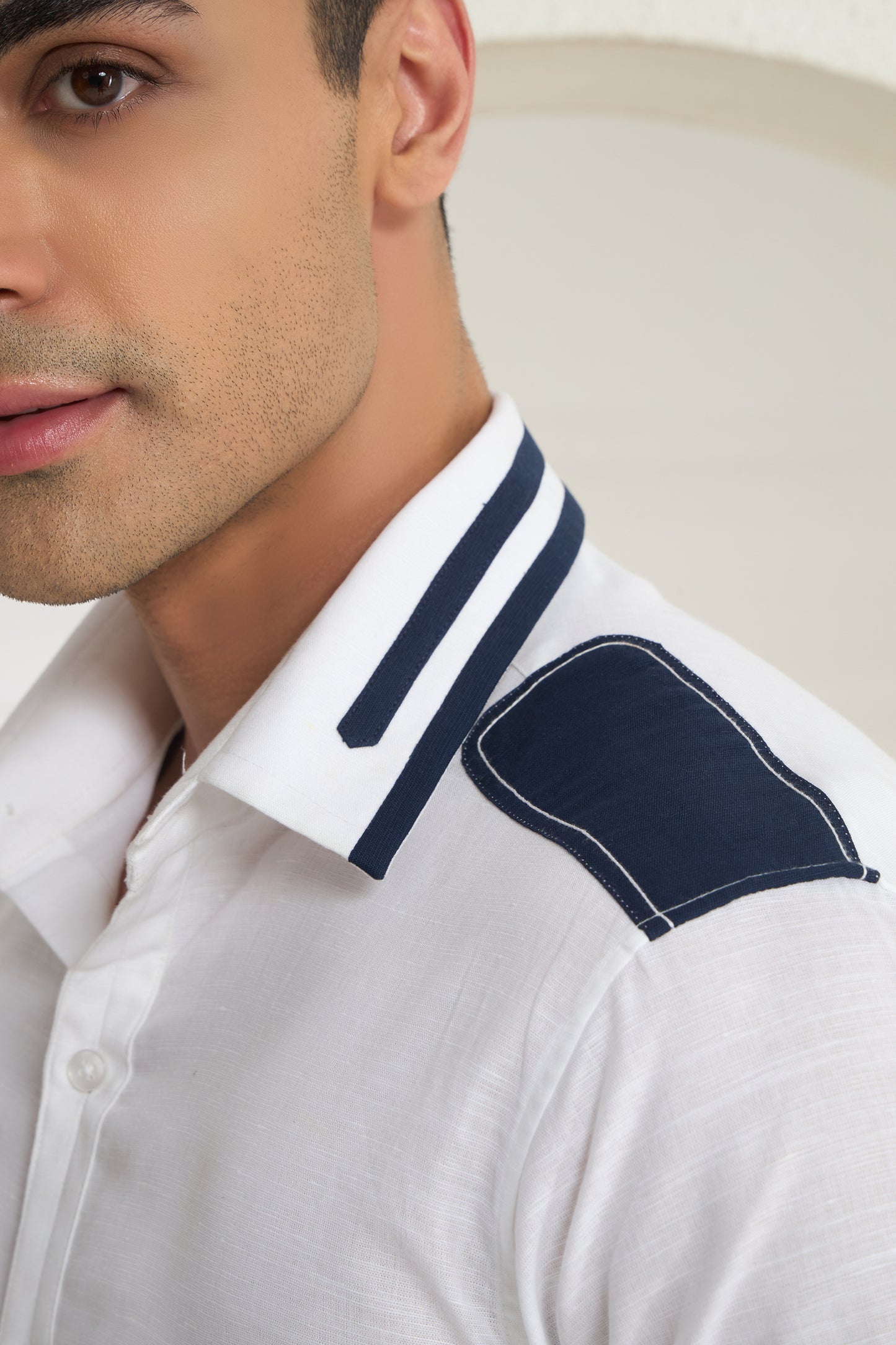 White Linen Shirt for Men with Navy Shoulder and Collar Detailing | INDYSLAY