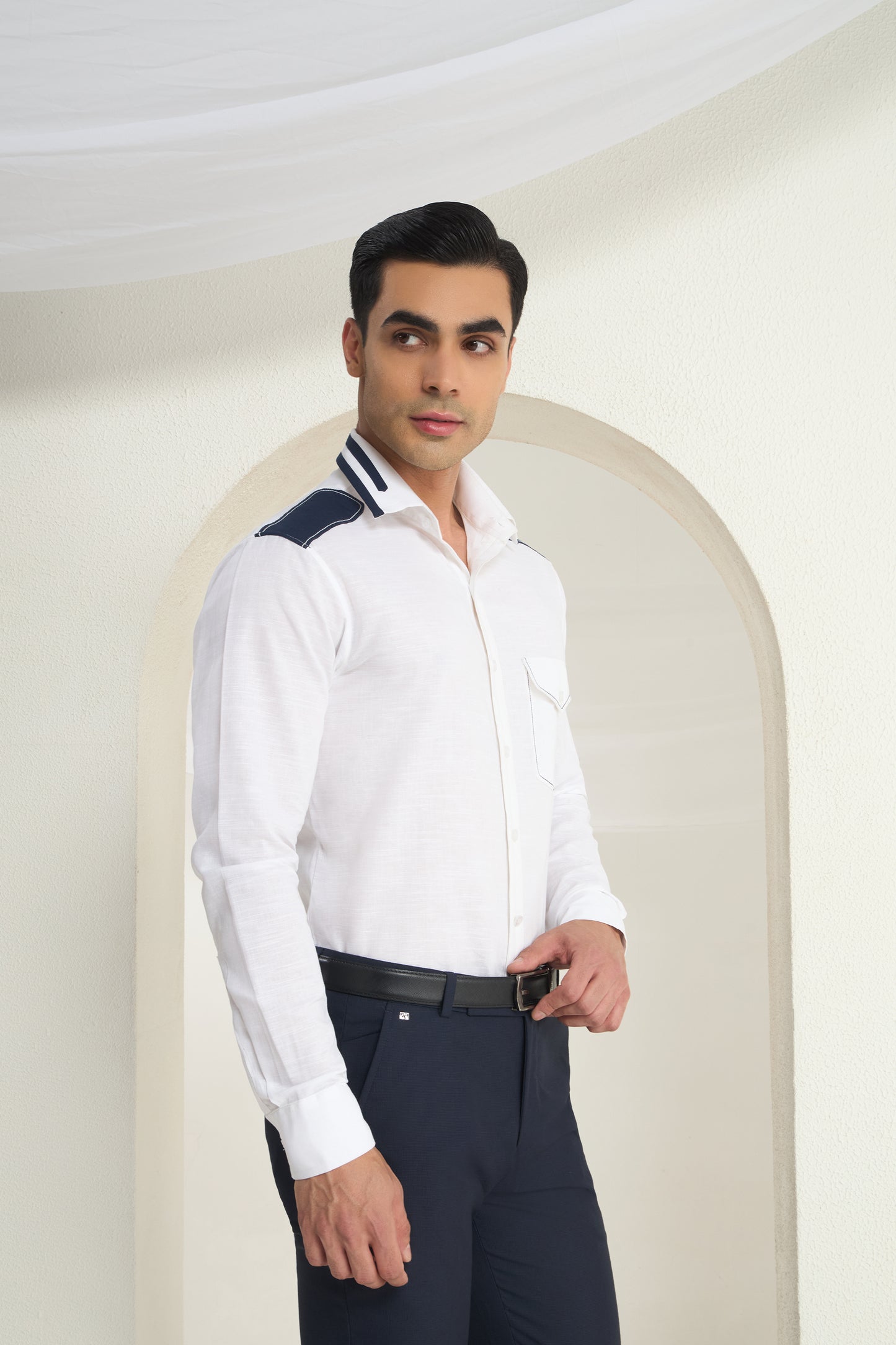 White Linen Shirt for Men with Navy Shoulder and Collar Detailing | INDYSLAY
