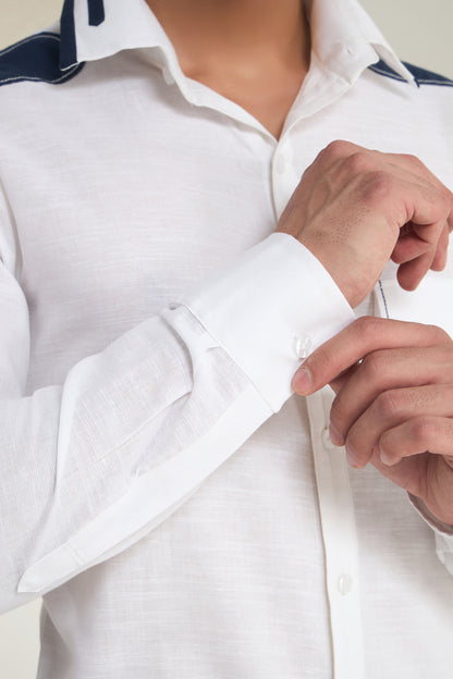 White Linen Shirt for Men with Navy Shoulder and Collar Detailing | INDYSLAY