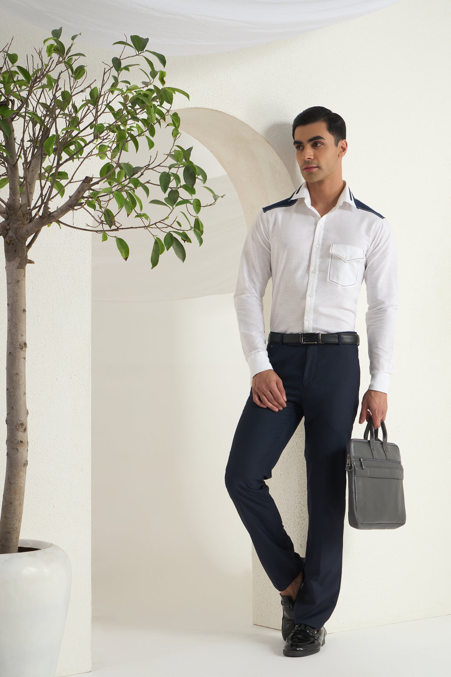 White Linen Shirt for Men with Navy Shoulder and Collar Detailing | INDYSLAY