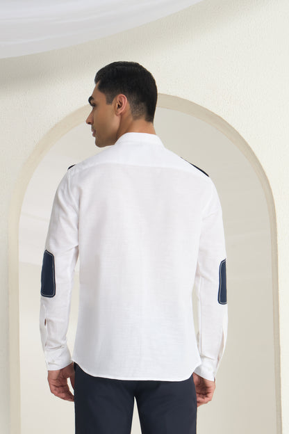 White Linen Mandarin Collar Shirt for Men with Navy Shoulder Tabs | INDYSLAY