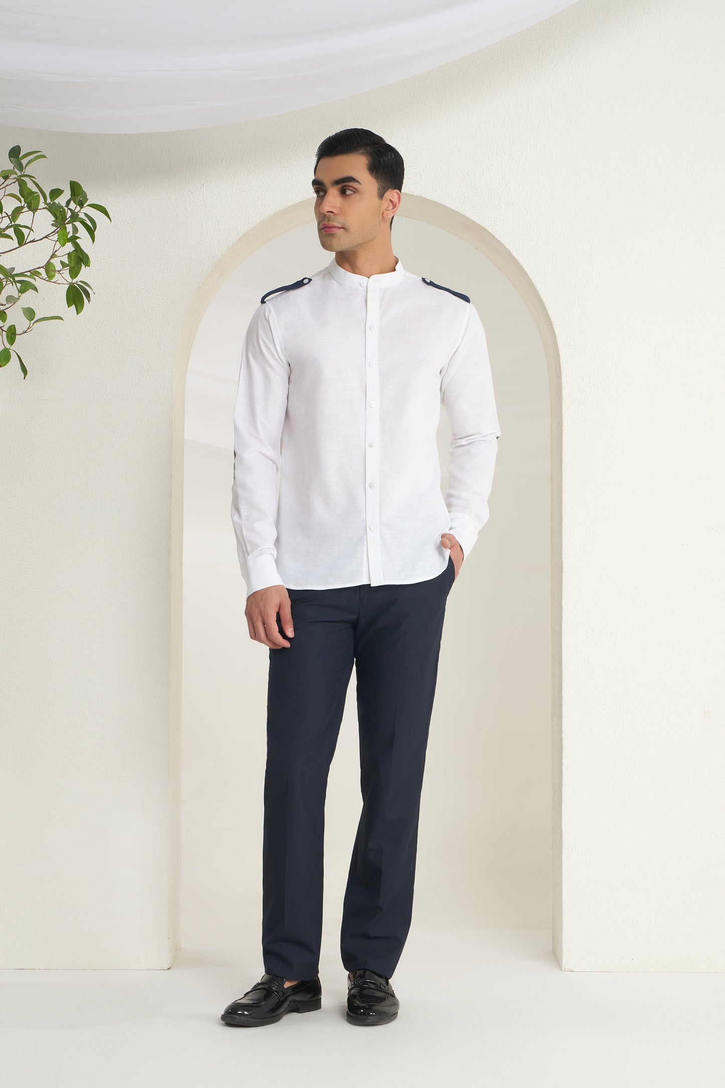 White Linen Mandarin Collar Shirt for Men with Navy Shoulder Tabs | INDYSLAY