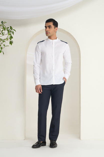 White Linen Mandarin Collar Shirt for Men with Navy Shoulder Tabs | INDYSLAY