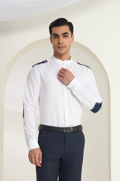 White Linen Mandarin Collar Shirt for Men with Navy Shoulder Tabs | INDYSLAY