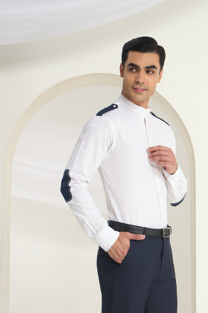 White Linen Mandarin Collar Shirt for Men with Navy Shoulder Tabs | INDYSLAY