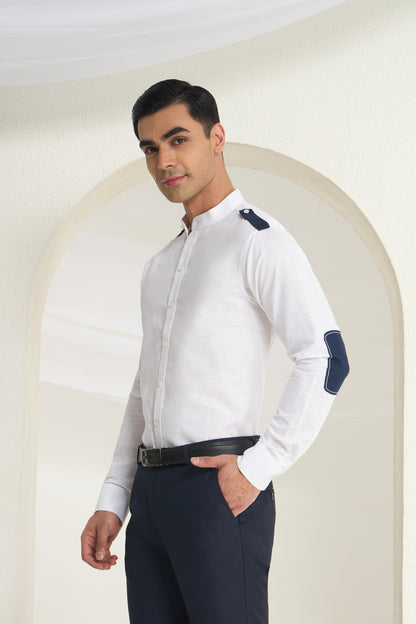 White Linen Mandarin Collar Shirt for Men with Navy Shoulder Tabs | INDYSLAY