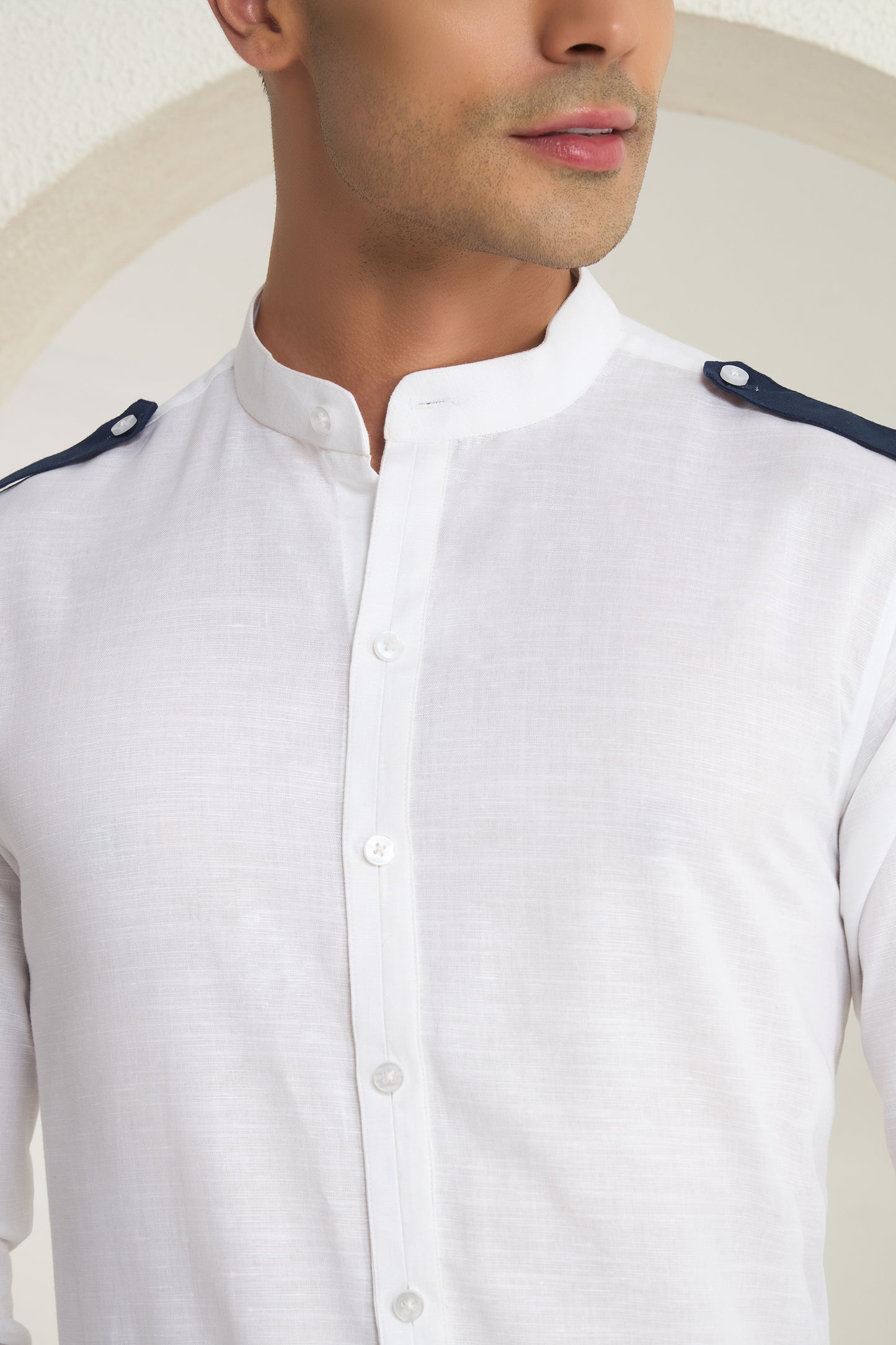 White Linen Mandarin Collar Shirt for Men with Navy Shoulder Tabs | INDYSLAY