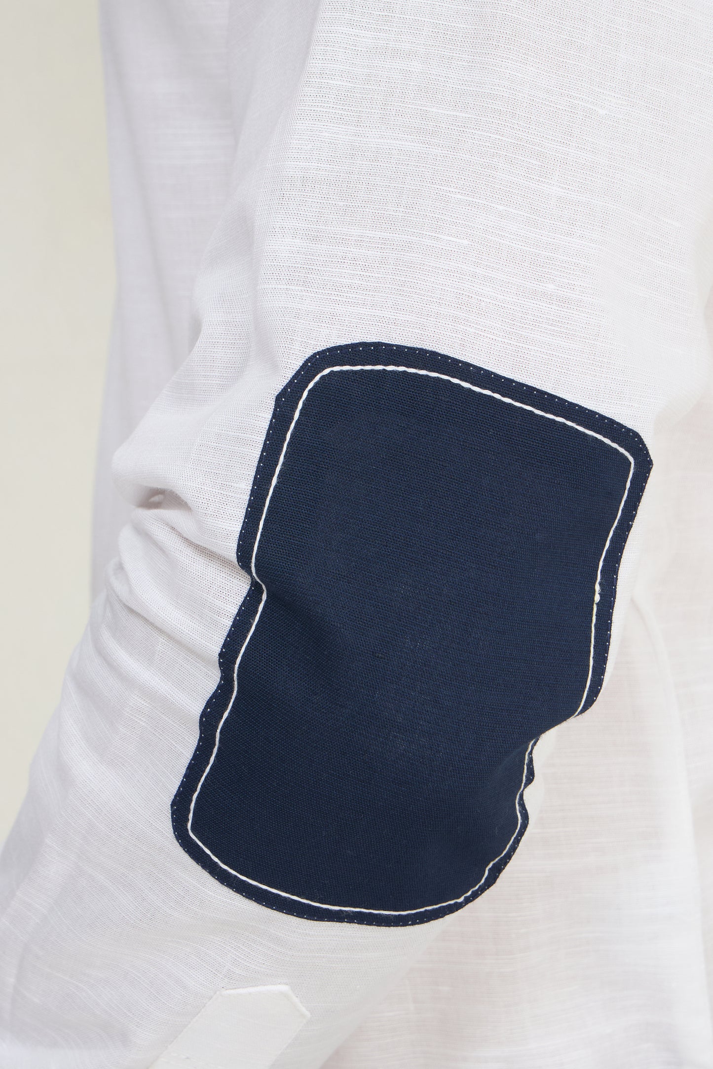 White Linen Mandarin Collar Shirt for Men with Navy Shoulder Tabs | INDYSLAY