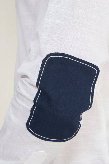 White Linen Mandarin Collar Shirt for Men with Navy Shoulder Tabs | INDYSLAY