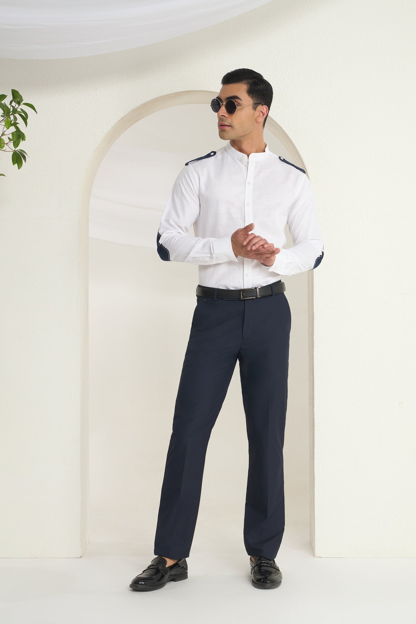 White Linen Mandarin Collar Shirt for Men with Navy Shoulder Tabs | INDYSLAY