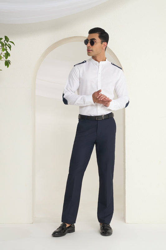 White Linen Mandarin Collar Shirt for Men with Navy Shoulder Tabs | INDYSLAY