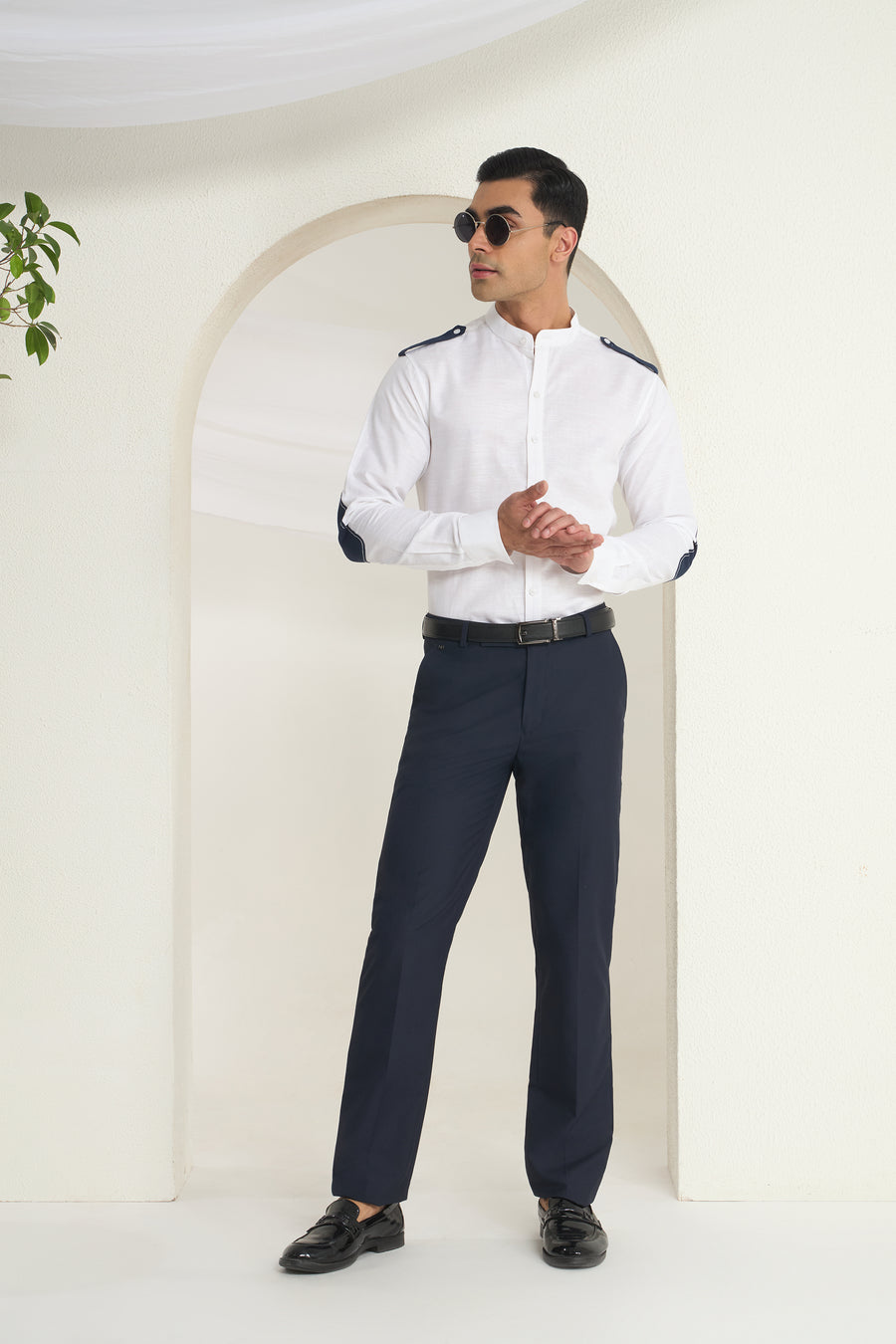 White Linen Mandarin Collar Shirt for Men with Navy Shoulder Tabs | INDYSLAY