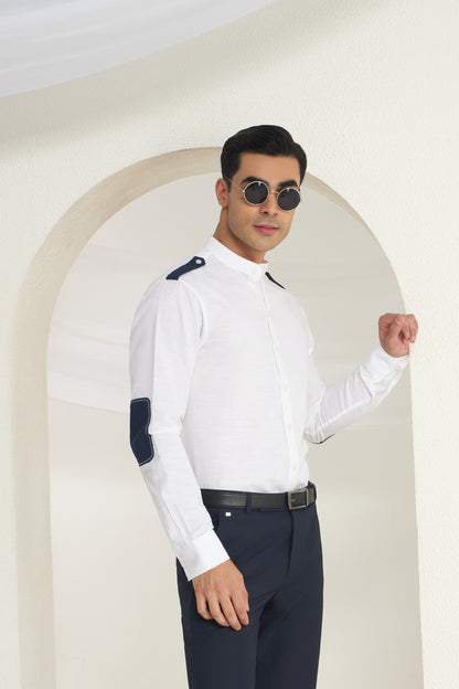 White Linen Mandarin Collar Shirt for Men with Navy Shoulder Tabs | INDYSLAY