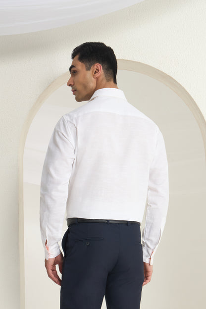 White Linen Shirt for Men with Orange Paisley Contrast Detailing | INDYSLAY