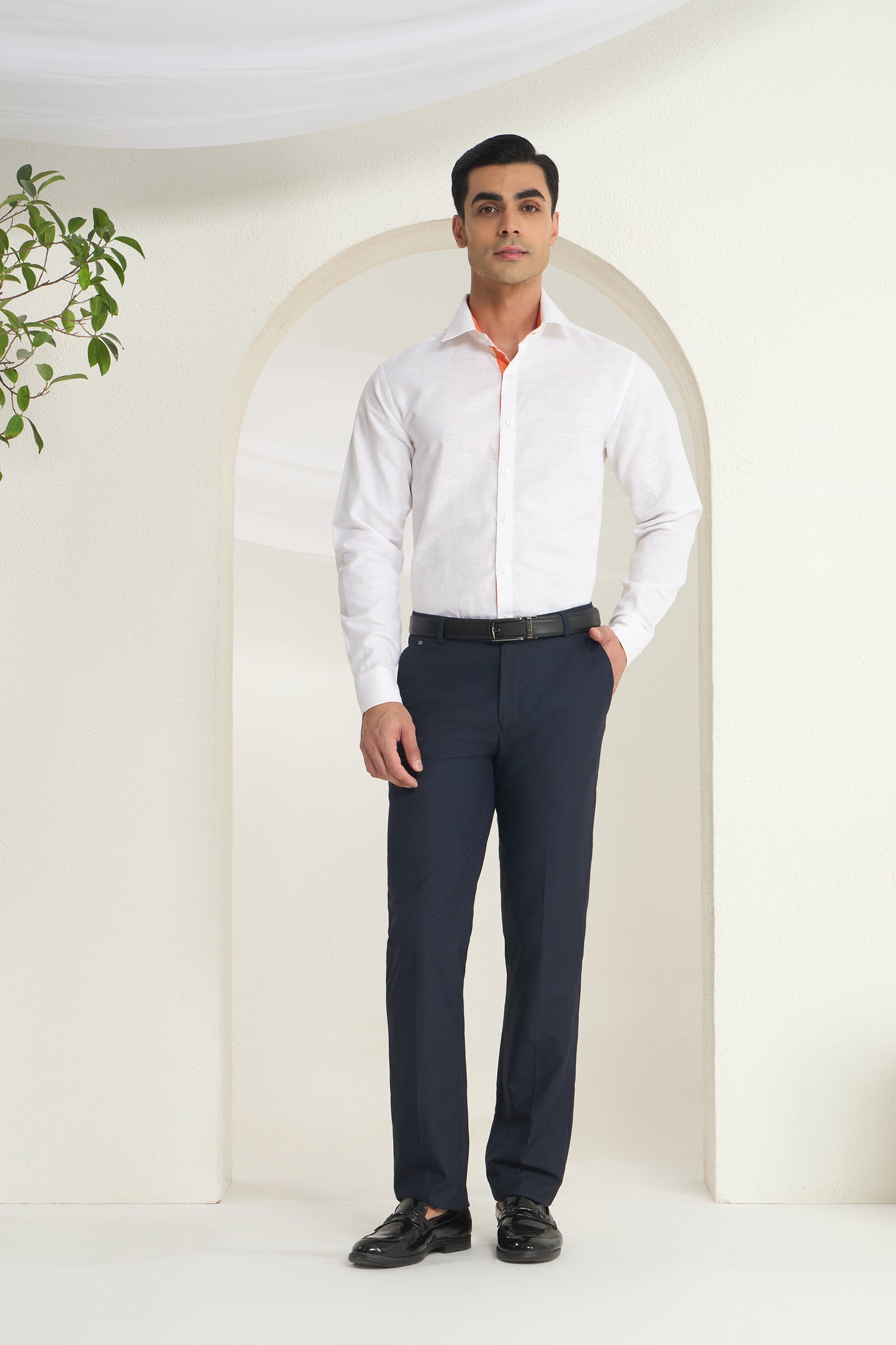 White Linen Shirt for Men with Orange Paisley Contrast Detailing | INDYSLAY