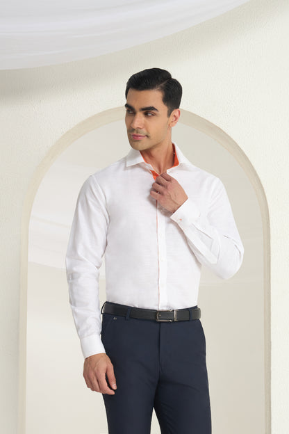 White Linen Shirt for Men with Orange Paisley Contrast Detailing | INDYSLAY