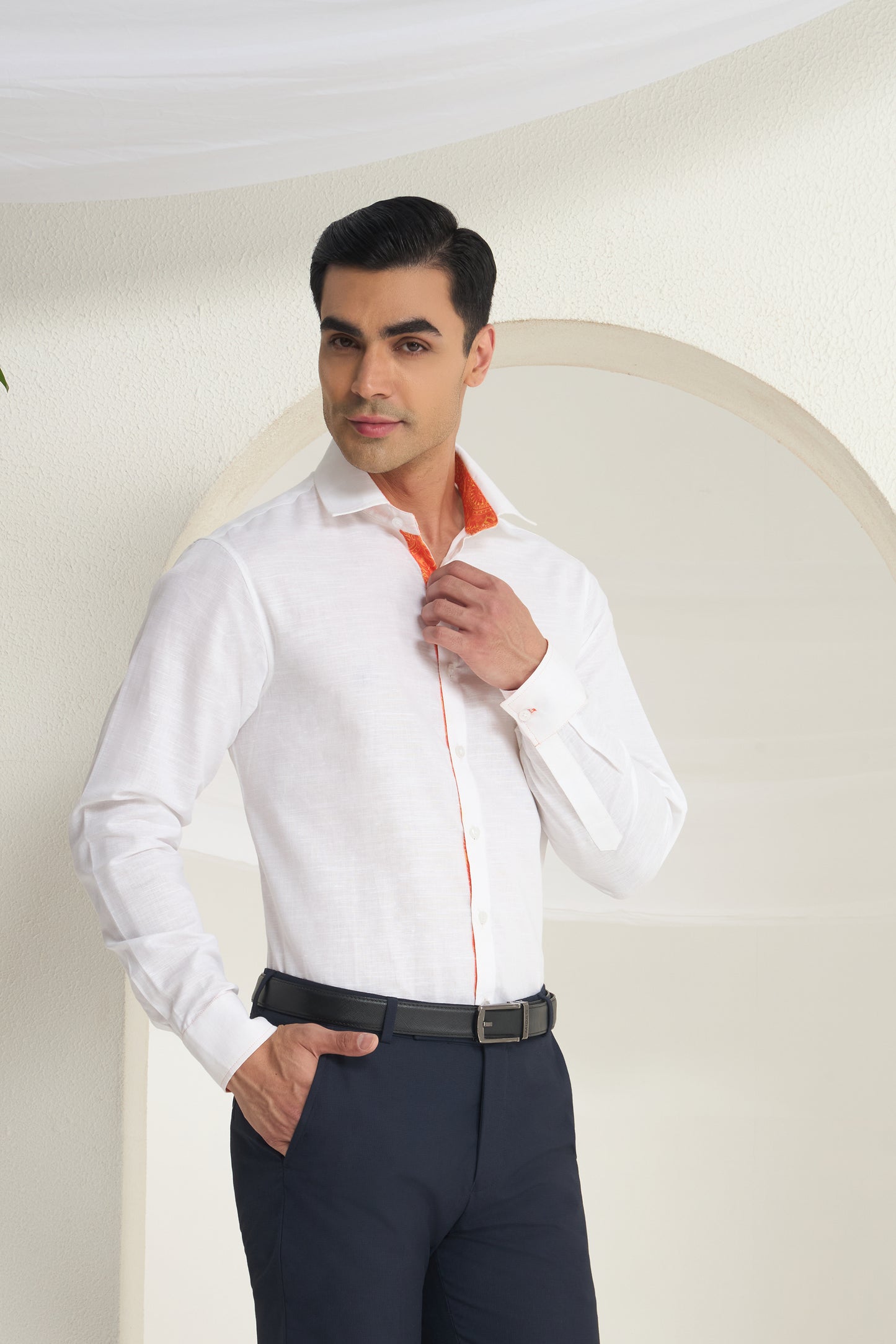 White Linen Shirt for Men with Orange Paisley Contrast Detailing | INDYSLAY