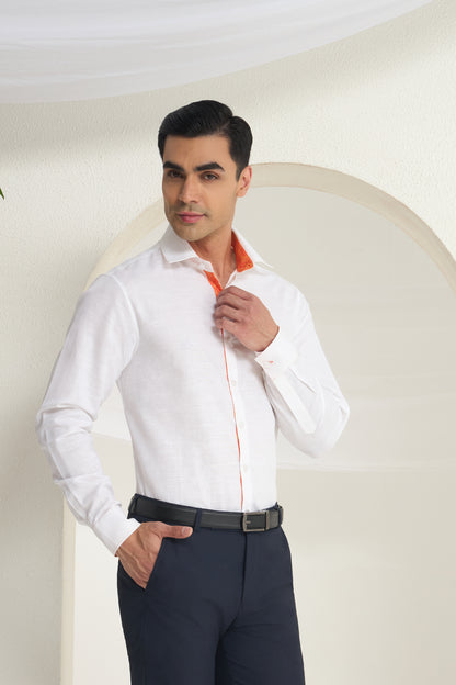 White Linen Shirt for Men with Orange Paisley Contrast Detailing | INDYSLAY