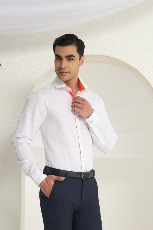 White Linen Shirt for Men with Orange Paisley Contrast Detailing | INDYSLAY