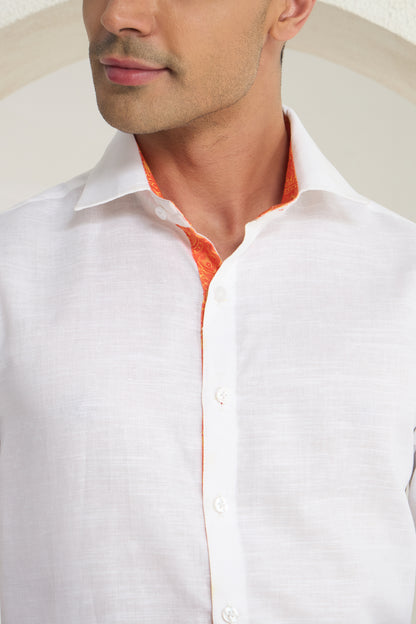 White Linen Shirt for Men with Orange Paisley Contrast Detailing | INDYSLAY