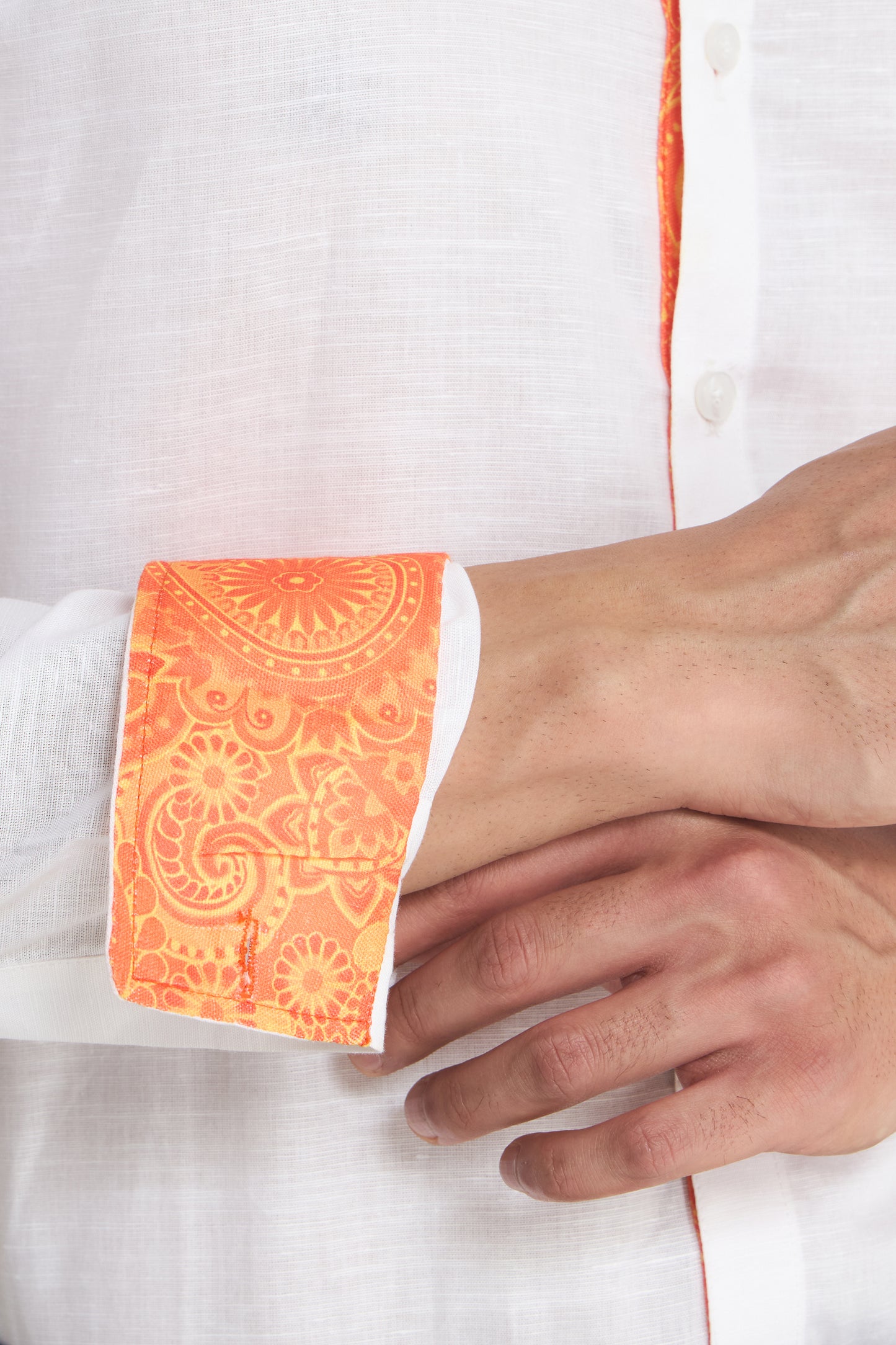 White Linen Shirt for Men with Orange Paisley Contrast Detailing | INDYSLAY