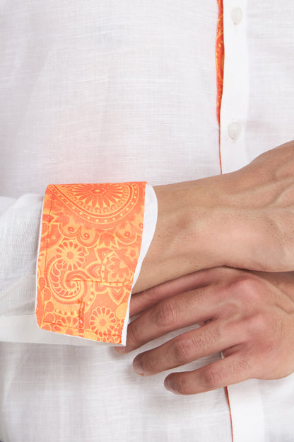 White Linen Shirt for Men with Orange Paisley Contrast Detailing | INDYSLAY