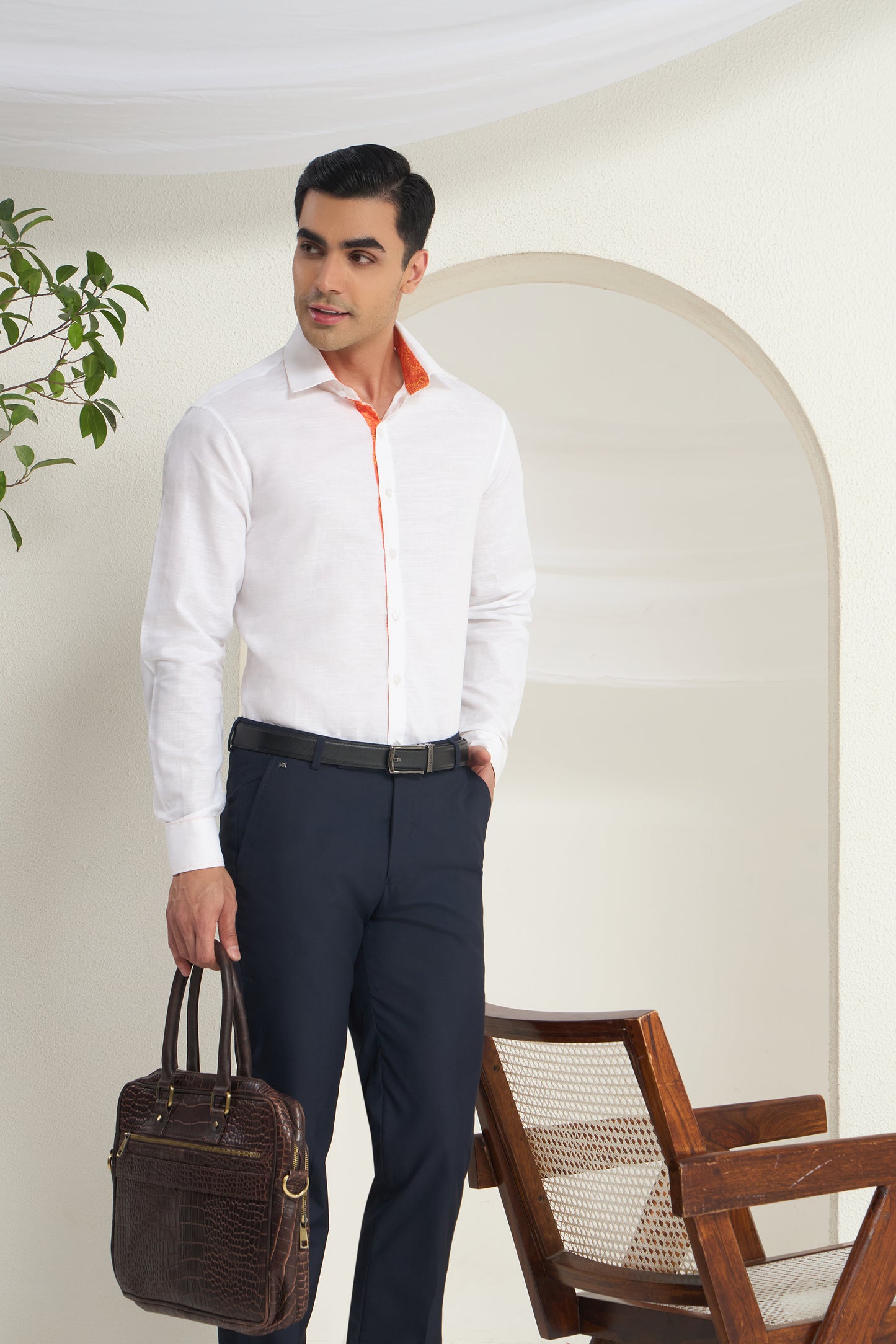 White Linen Shirt for Men with Orange Paisley Contrast Detailing | INDYSLAY