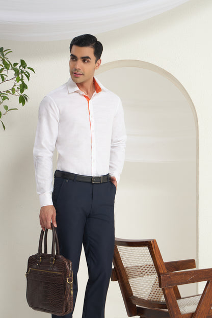 White Linen Shirt for Men with Orange Paisley Contrast Detailing | INDYSLAY