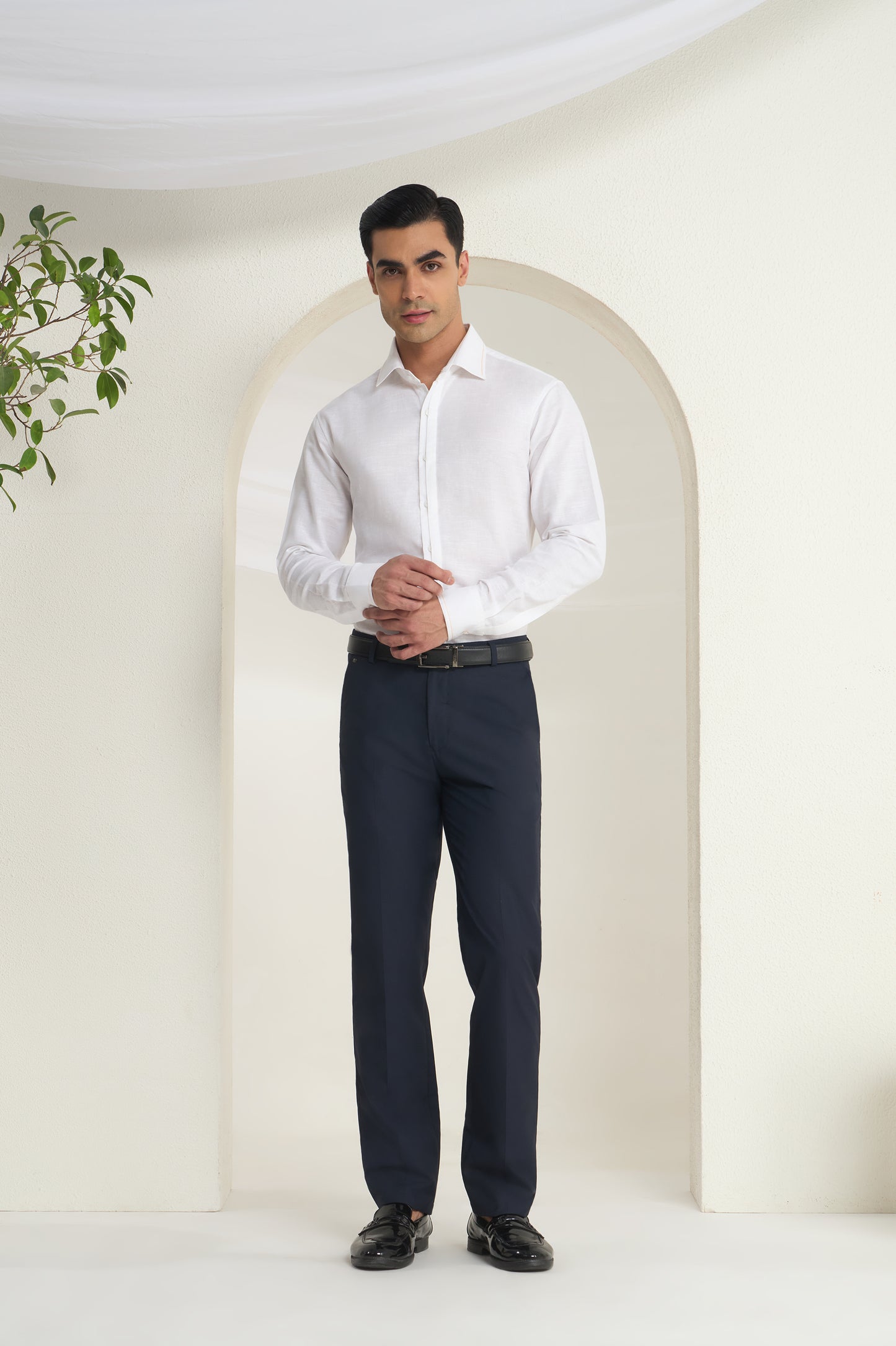 White Linen Shirt with Orange thread Detailing & half Concealed Pocket | INDYSLAY
